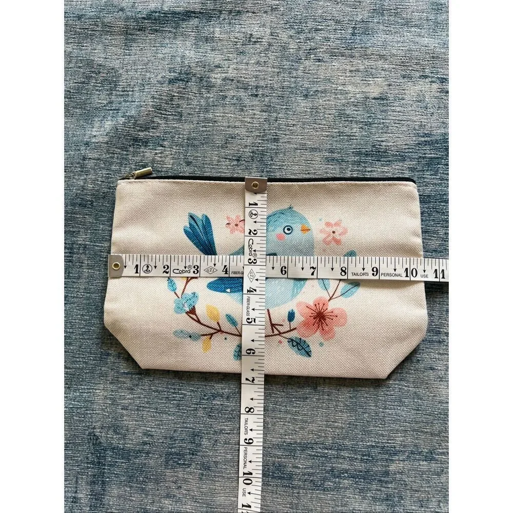 Blue Bird Pink Flowers Cotton Canvas Small Makeup Bag Travel Toiletry Pouch